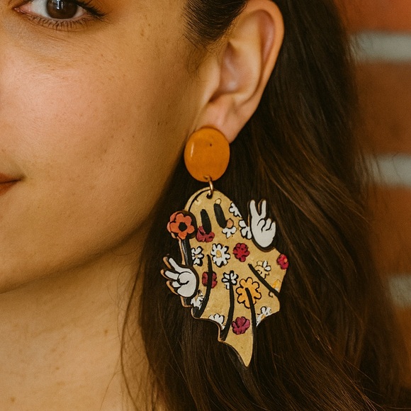 Floral Ghost Earrings with Orange Stud - Picture 1 of 3